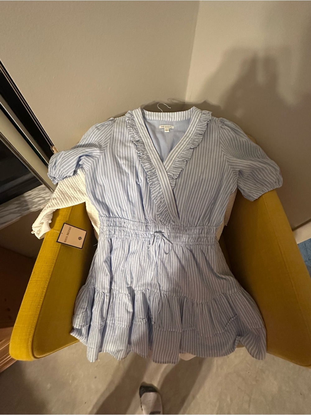 Light Blue & White Striped Ruffle Wrap Dress
